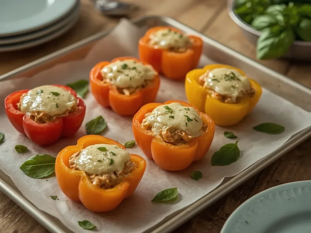Mini sweet peppers stuffed with chicken pesto filling and melted mozzarella