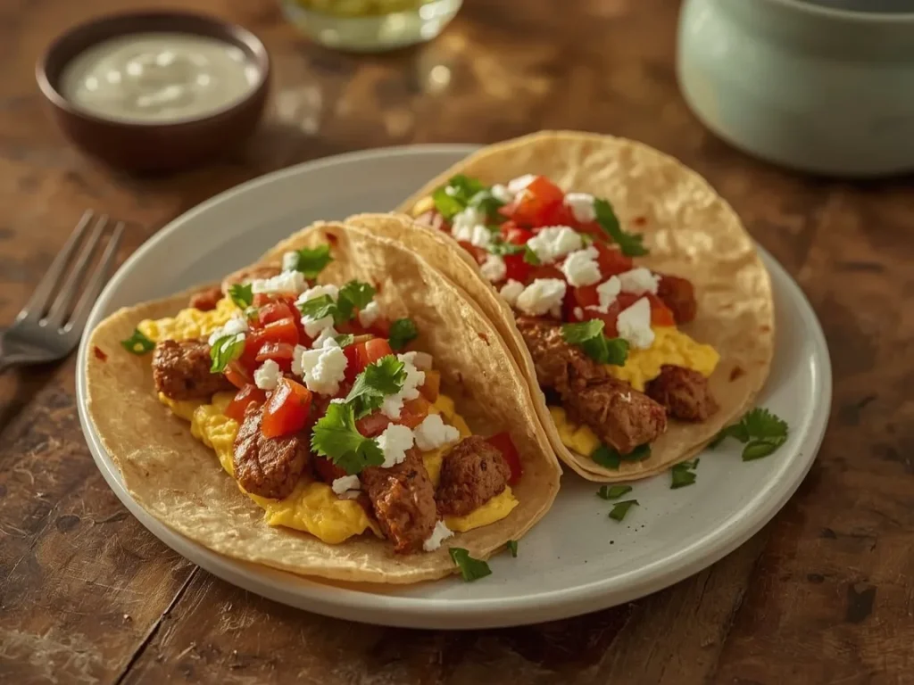 Chicken sausage breakfast tacos with cotija, salsa and cilantro