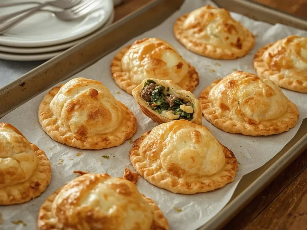 Chicken sausage and egg breakfast pockets with one cut open to show the filling
