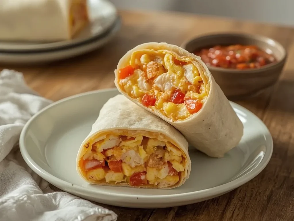 Chicken sausage, egg and cheese breakfast burritos cut in half with salsa