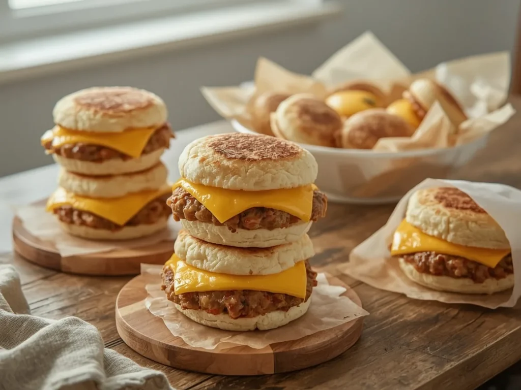 Chicken sausage, egg and cheese freezer breakfast sandwiches