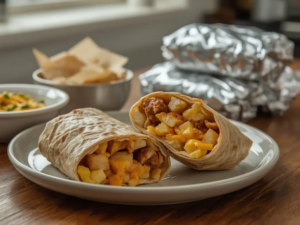 Chicken sausage, egg and potato freezer burritos with some wrapped in foil