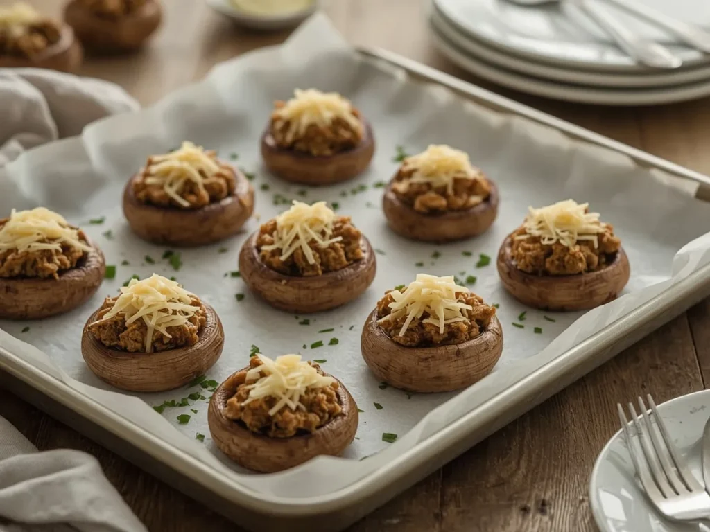 Chicken sausage stuffed mushrooms with golden Parmesan tops on a baking sheet
