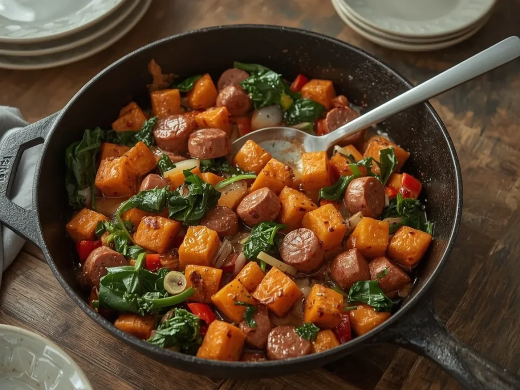 Chicken sausage and sweet potato breakfast hash with kale and red pepper in a cast iron skillet