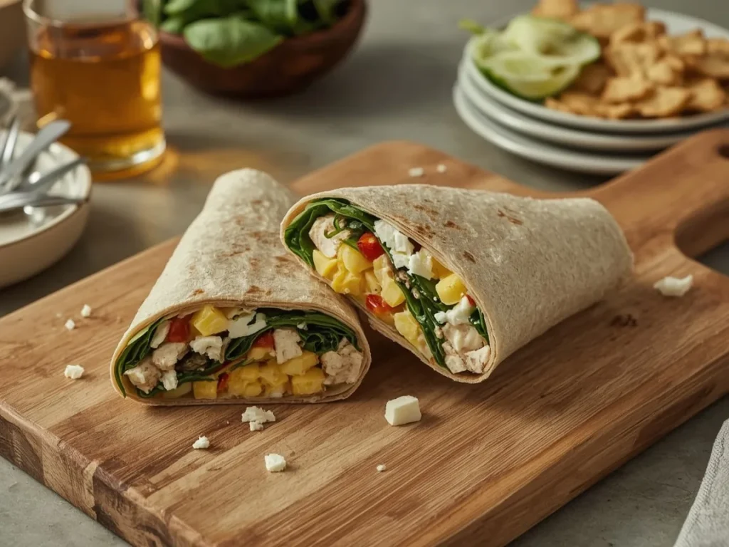 Chicken, spinach and feta egg white wrap cut in half