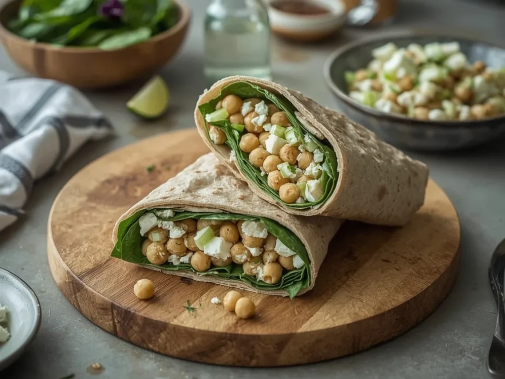Chickpea salad breakfast wrap with dill, feta and spinach cut in half
