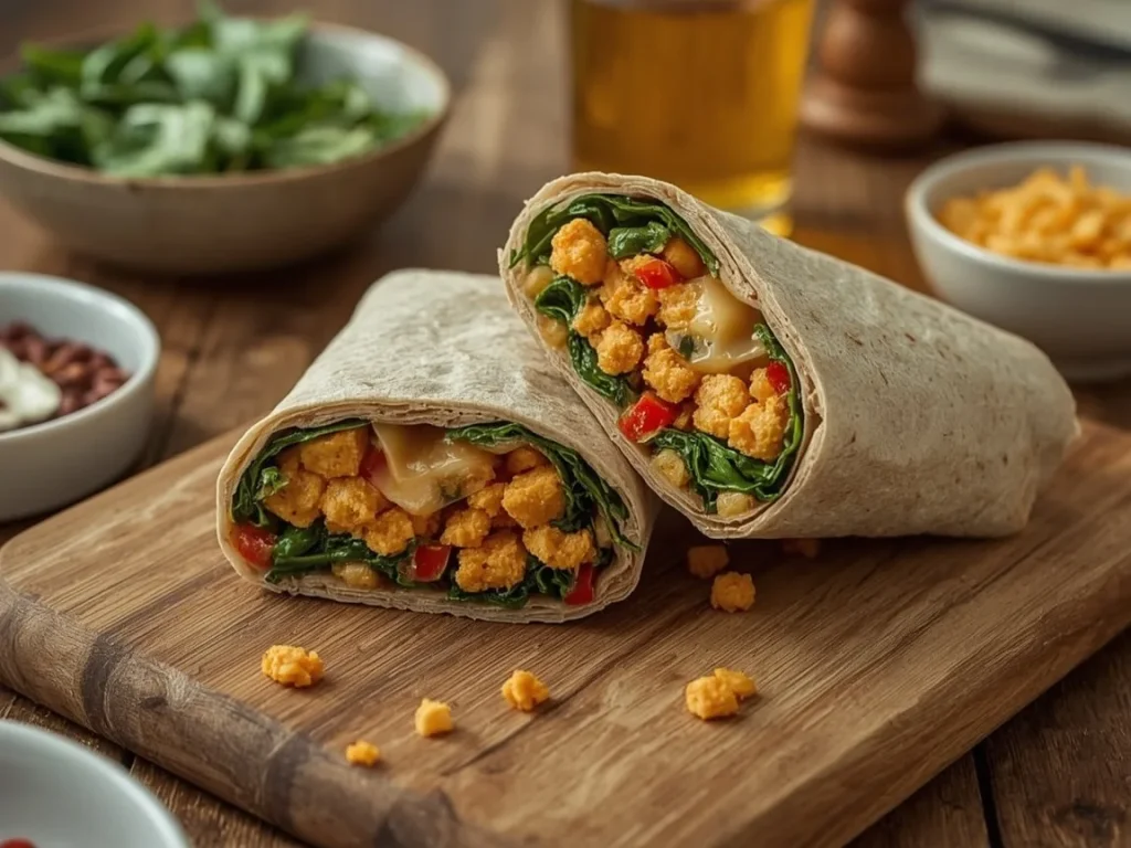 Chipotle tofu scramble breakfast burrito with pinto beans and spinach
