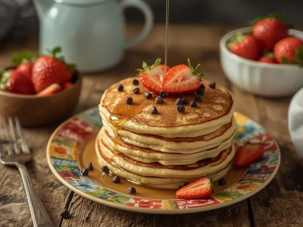 Chocolate chip protein pancakes stacked and drizzled with maple syrup