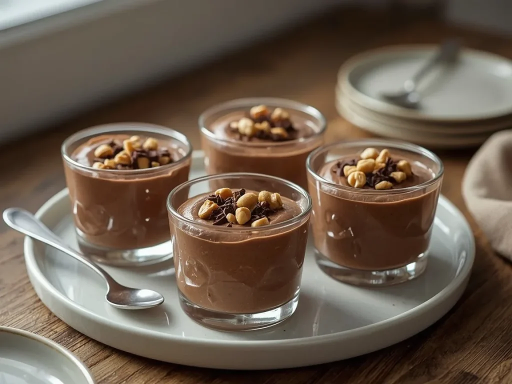 Chocolate peanut butter mousse in small glasses topped with chopped peanuts