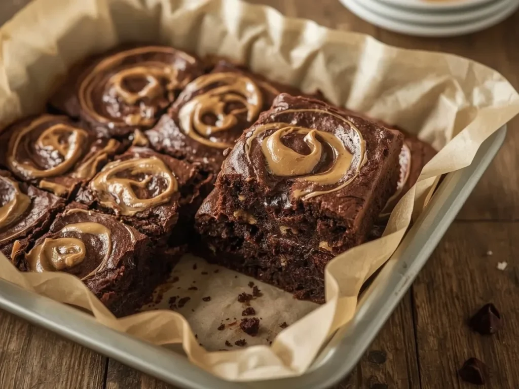 Chocolate peanut butter swirl brownies cut into rectangles