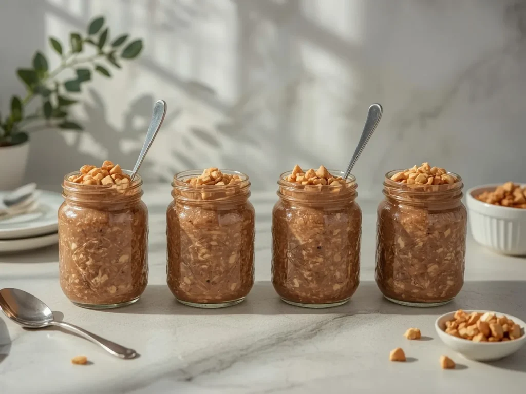 Chocolate peanut butter protein overnight oats in four jars topped with peanuts