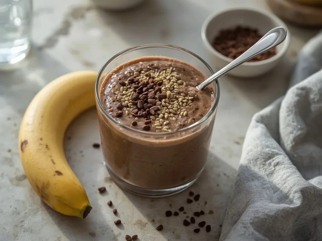 Chocolate peanut butter protein smoothie bowl with hemp hearts