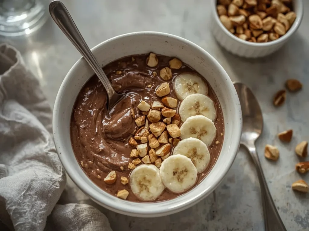 Chocolate peanut butter protein yogurt bowl with banana and peanuts