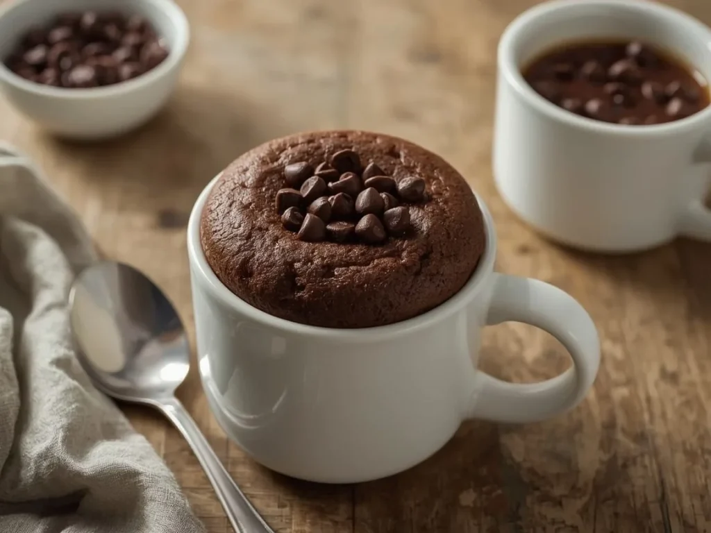 Chocolate protein mug cake with melted chocolate chips