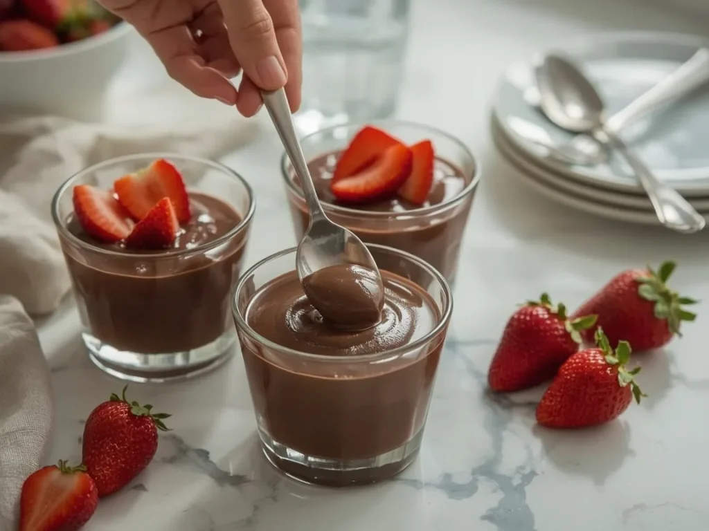 Chocolate protein pudding cups topped with sliced strawberries