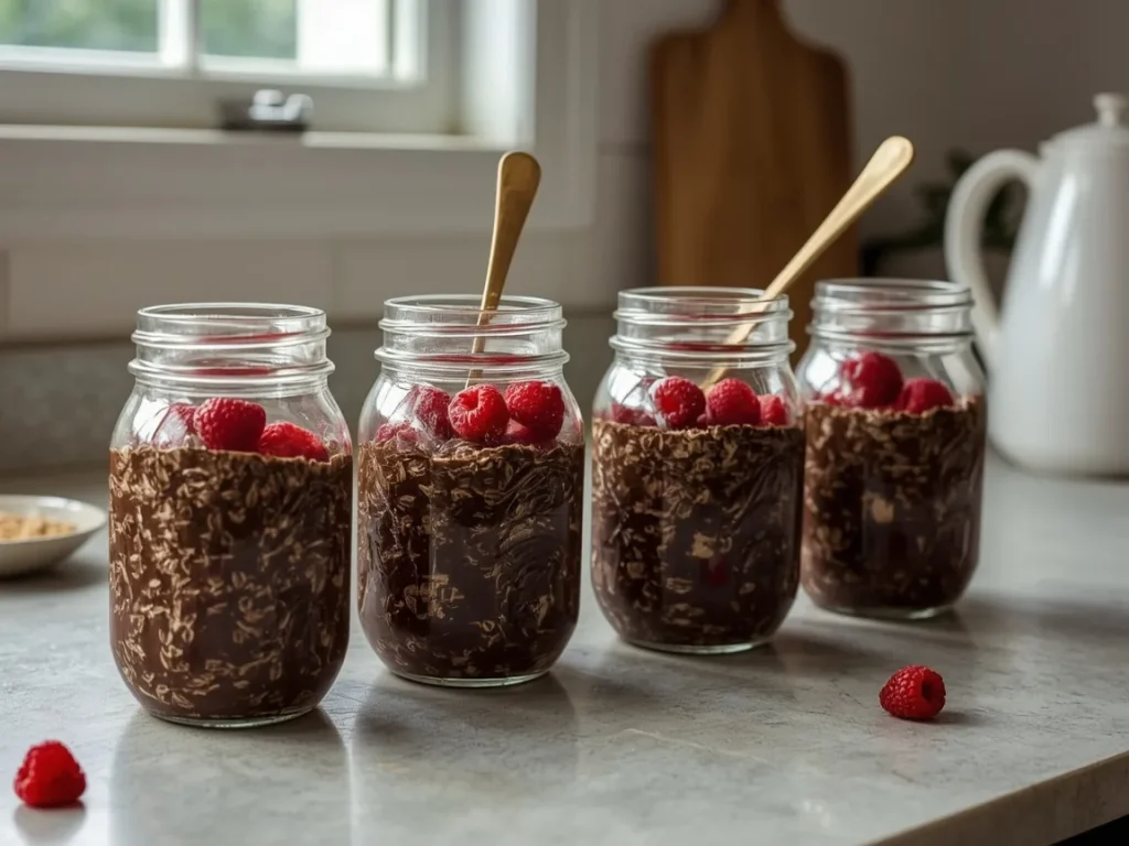 Chocolate raspberry protein overnight oats in four jars