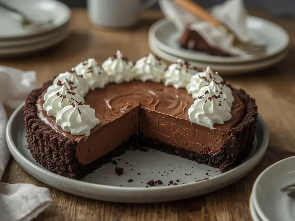 Chocolate silk pie with a crumb crust, yogurt topping and chocolate shavings