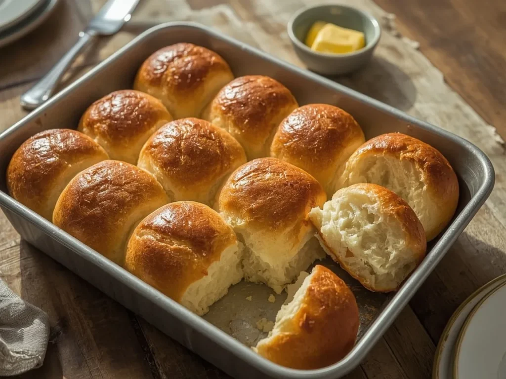 Golden cottage cheese dinner rolls baked together in a pan, one torn open