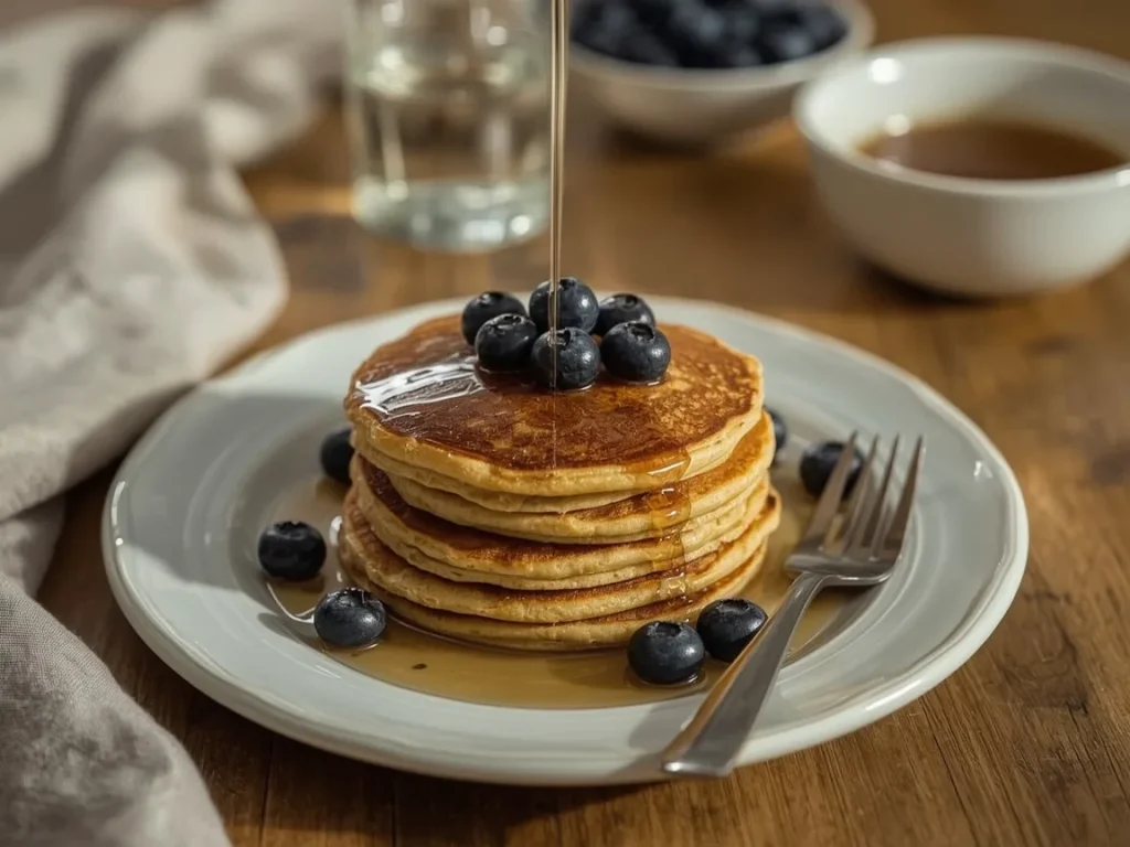 Stack of cottage cheese oat pancakes topped with fresh blueberries and maple syrup