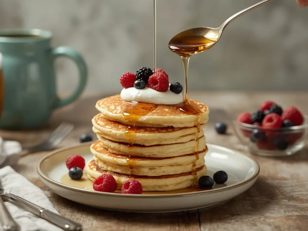 Cottage cheese protein pancakes topped with Greek yogurt and berries
