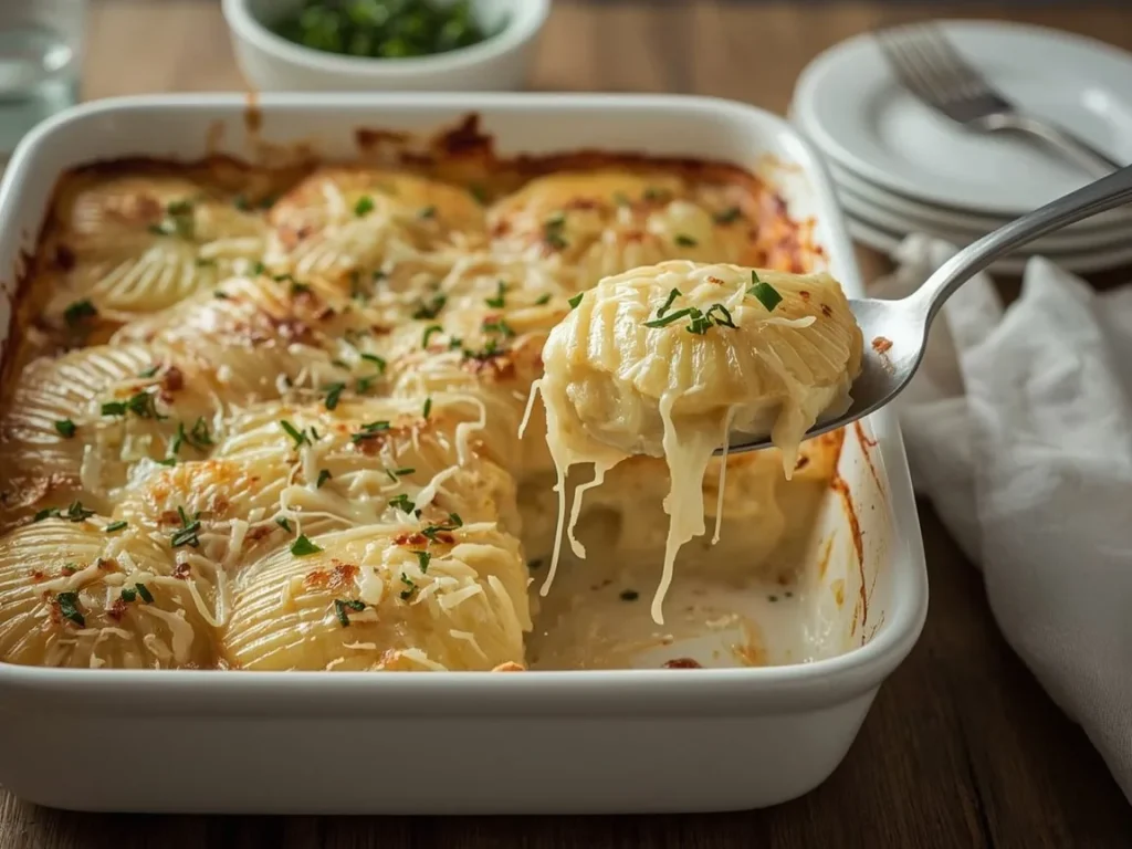 Cottage cheese scalloped potatoes with a golden Gruyère and Parmesan top