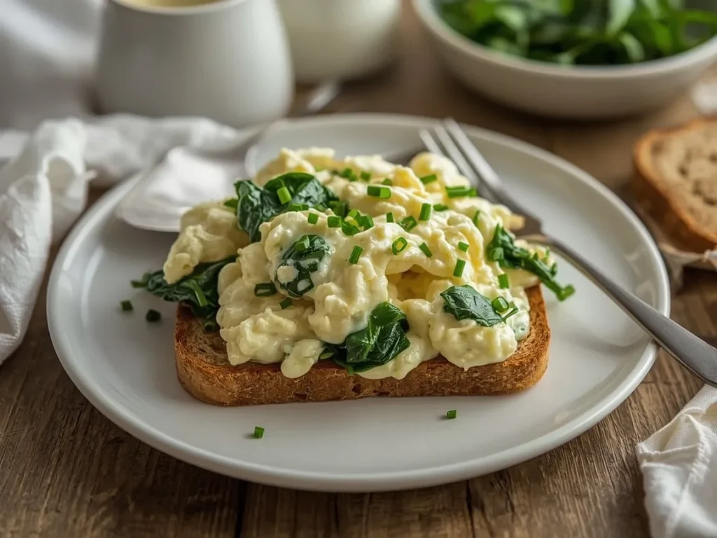 Cottage cheese scrambled eggs with spinach on whole-grain toast