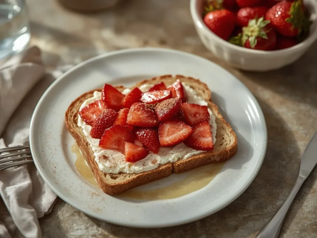 Cottage cheese toast with strawberries, honey and cinnamon