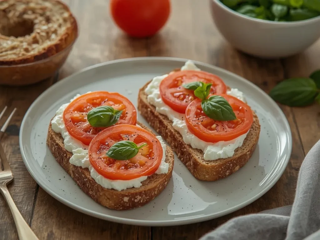 Cottage cheese toast topped with tomato slices, everything seasoning and basil
