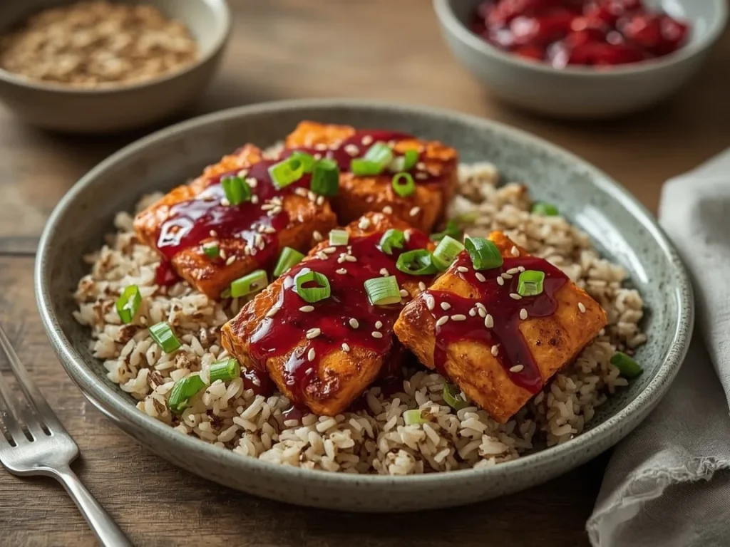 Cranberry-glazed baked tofu over wild rice with green onions and sesame seeds