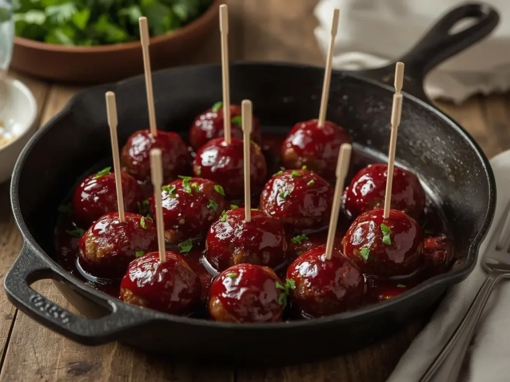 Turkey meatballs in a glossy cranberry glaze with toothpicks in a skillet