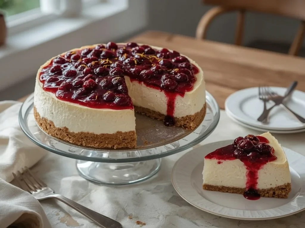 Cranberry orange cheesecake with a glossy cranberry topping and orange zest