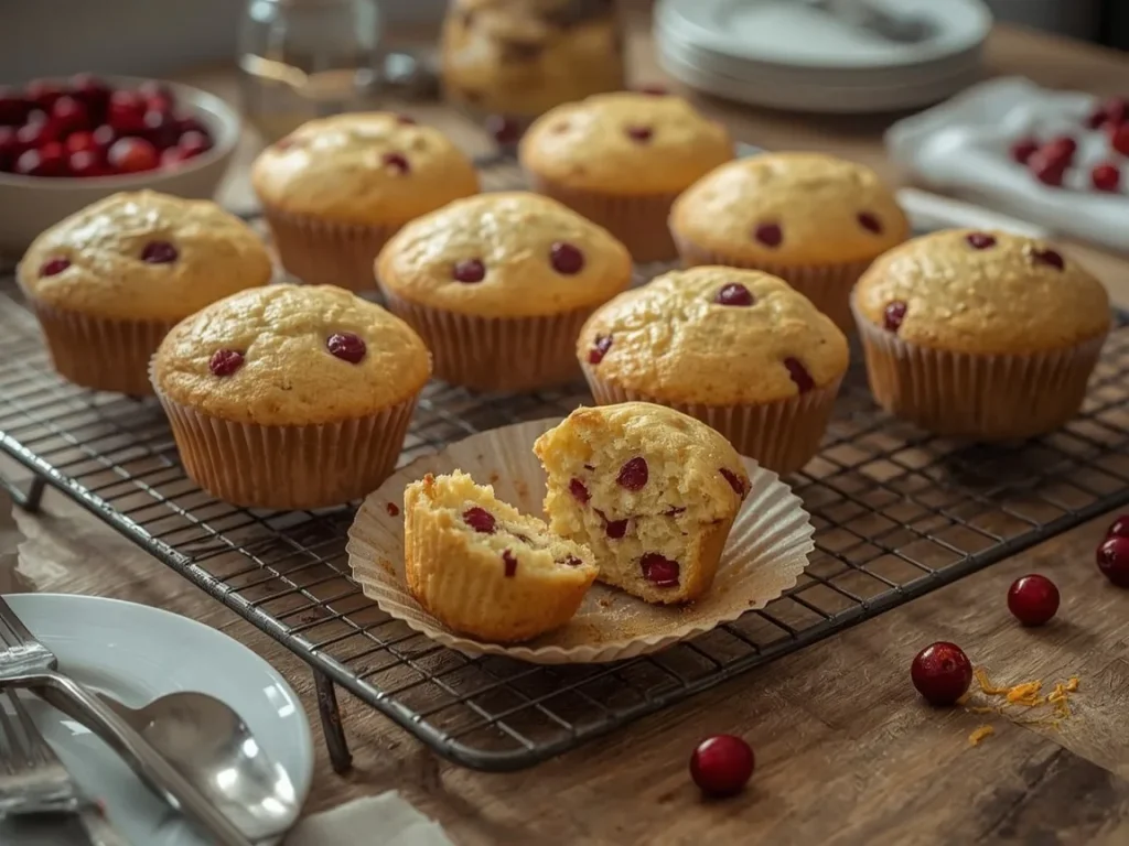 Cranberry orange cottage cheese muffins on a cooling rack with one broken open