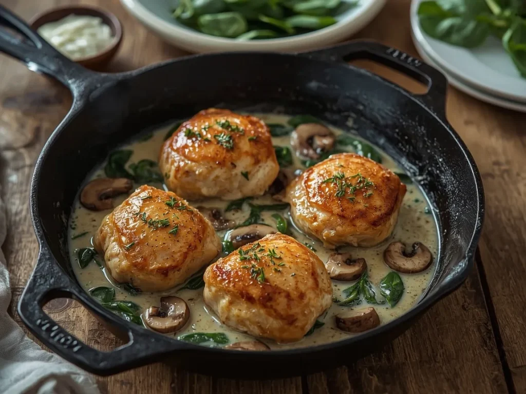 Creamy garlic chicken thighs with mushrooms and spinach in a cast-iron skillet