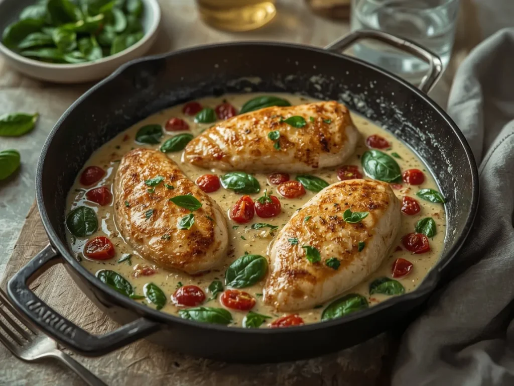 Creamy Tuscan chicken with sun-dried tomatoes and spinach in a skillet