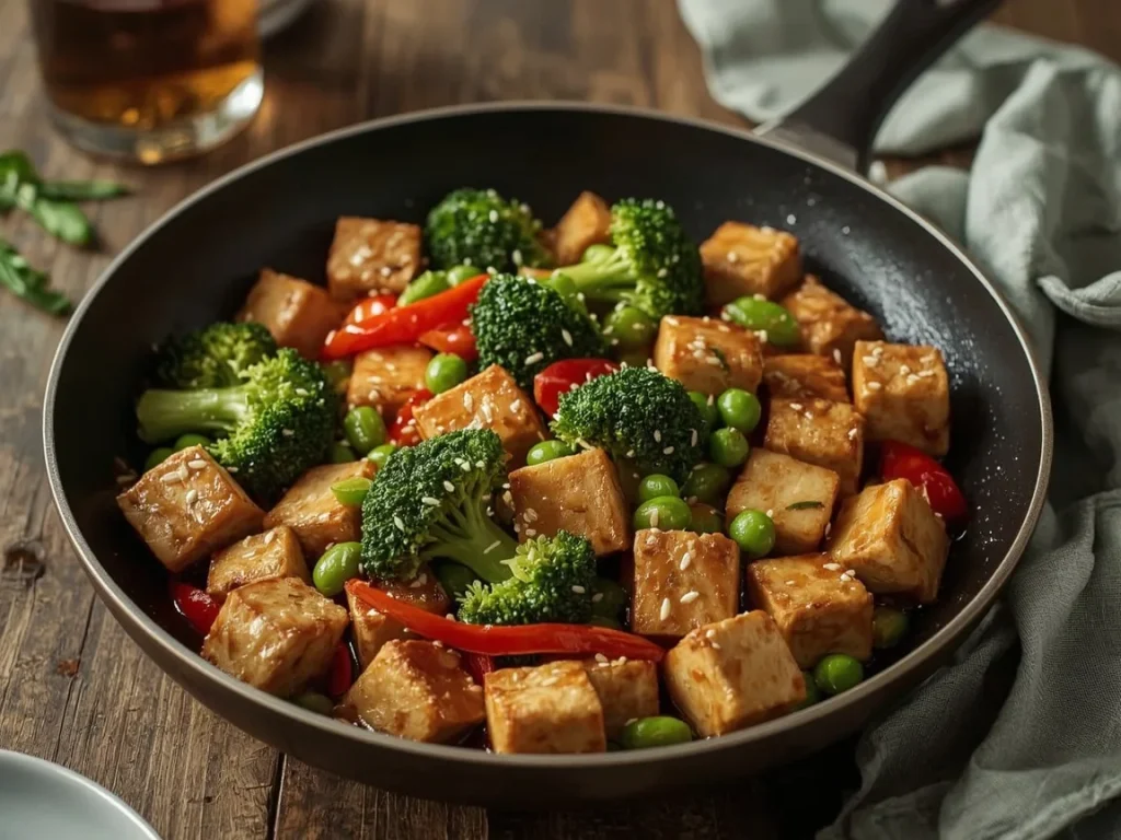 Crispy tofu and edamame stir-fry with broccoli and sesame seeds