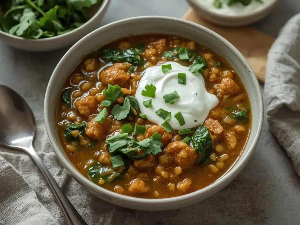 Curried red lentil breakfast bowl topped with Greek yogurt and cilantro