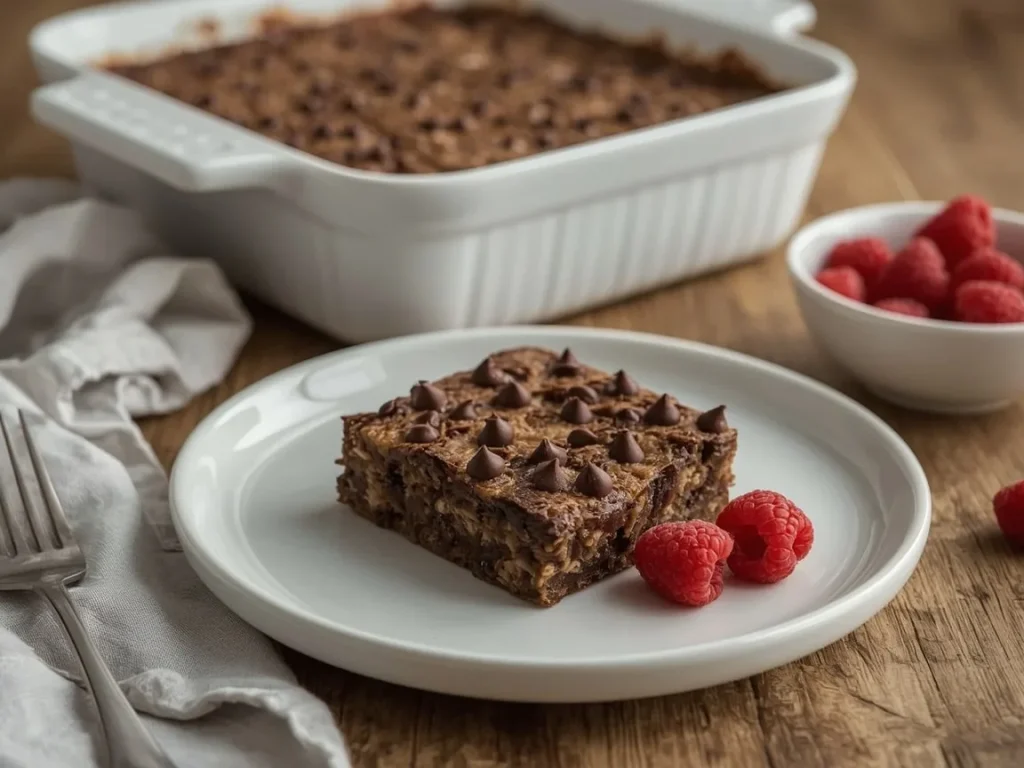 Double chocolate baked oatmeal square with melted chocolate chips and raspberries