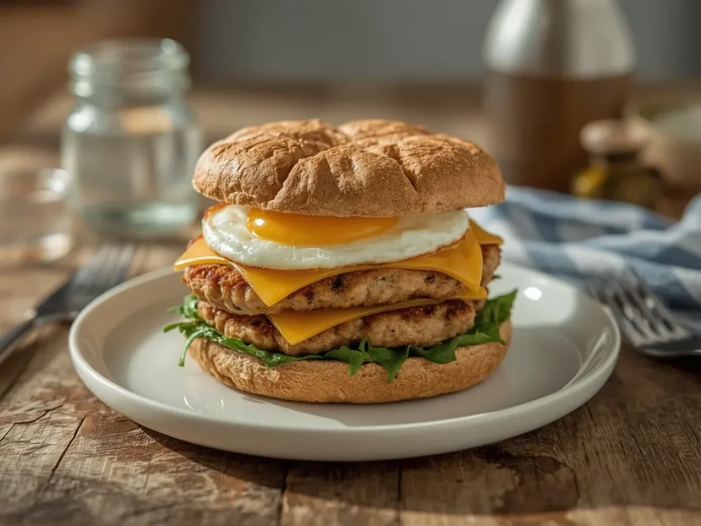 Double egg and chicken sausage breakfast sandwich with melted cheddar