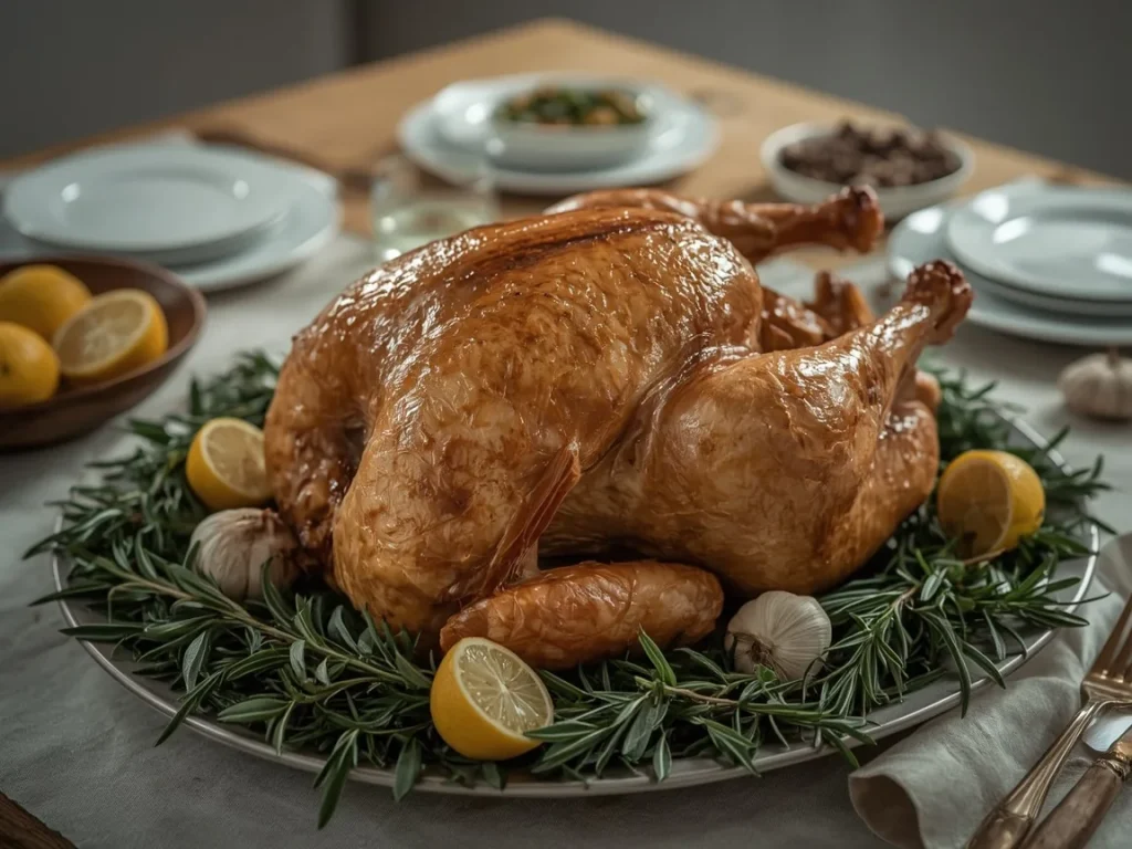 Golden dry-brined herb roast turkey on a platter with fresh herbs and lemons