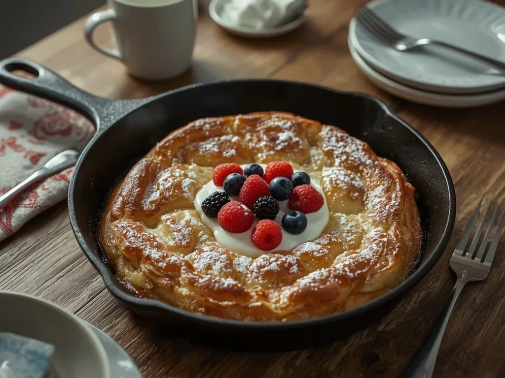 Dutch baby pancake filled with Greek yogurt and berries in a skillet