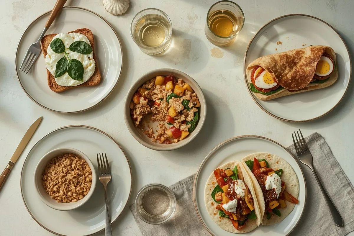 Easy 10-minute high-protein breakfasts including scrambled eggs on toast, a breakfast pita, apple oatmeal and sausage tacos