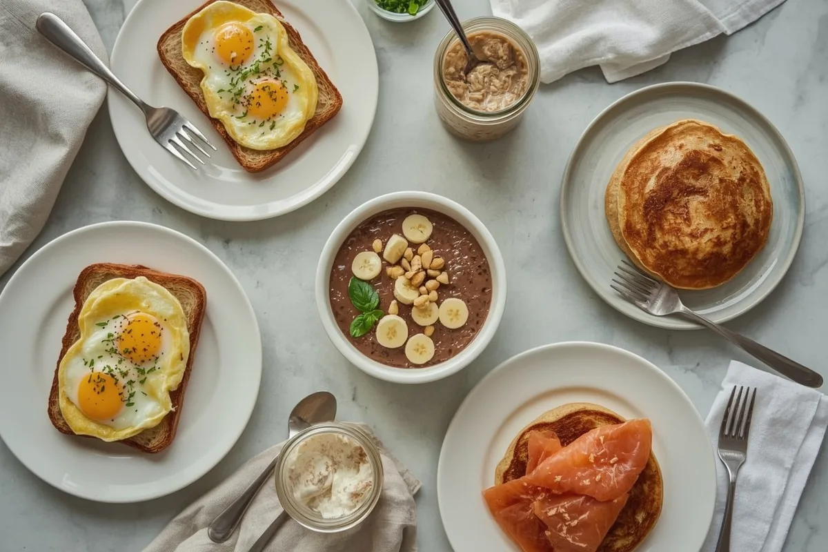 Easy 40g protein breakfasts including scrambled eggs on toast, overnight oats, a yogurt bowl, pancakes and a salmon bagel