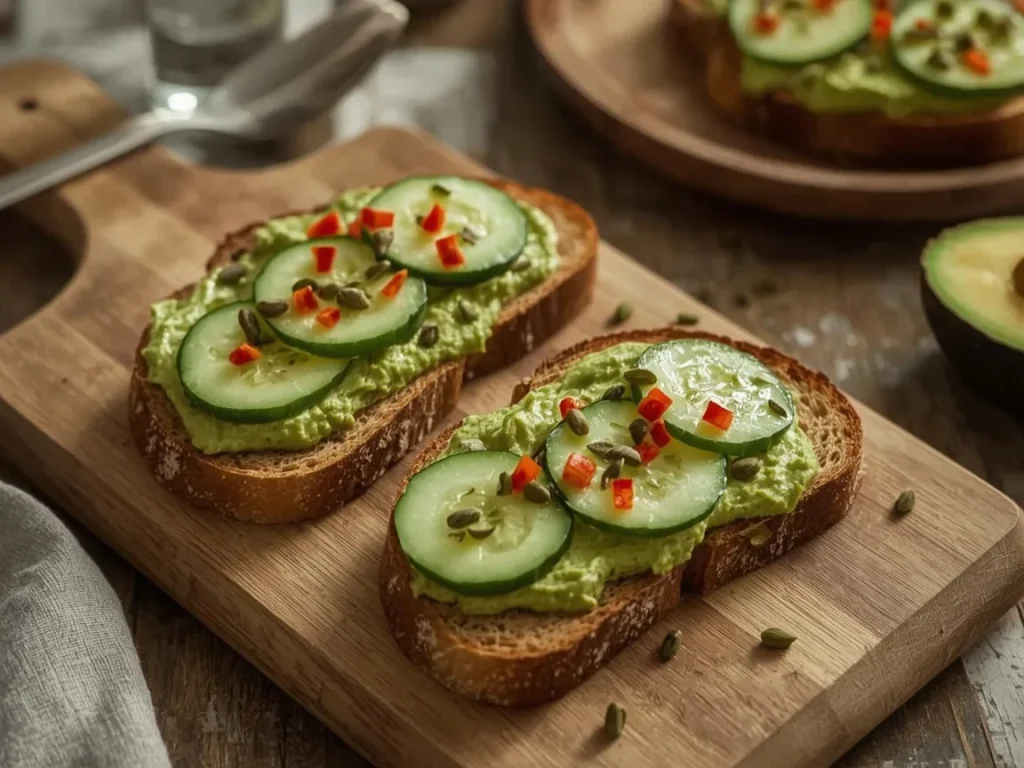 Edamame hummus toast topped with cucumber, hemp hearts and red pepper flakes