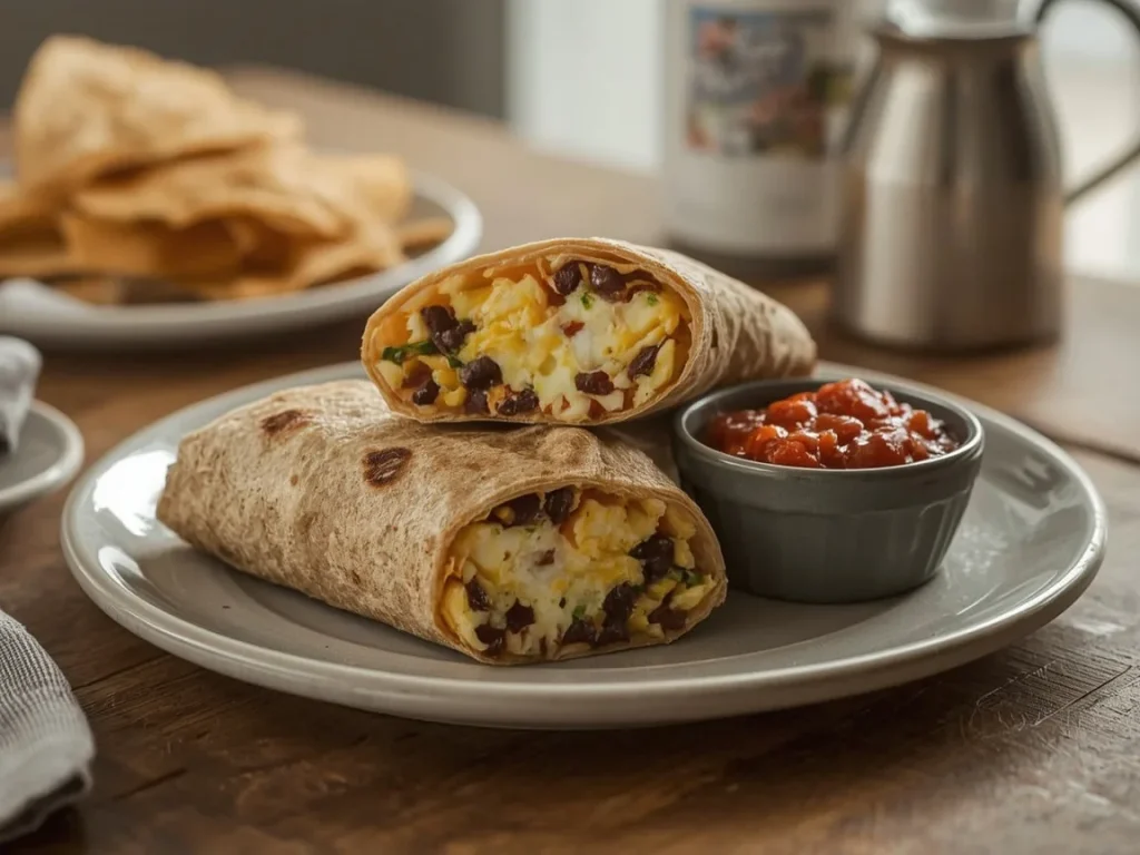 Egg and black bean protein breakfast burrito cut in half with salsa