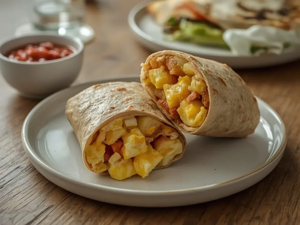 Egg, potato and cheese breakfast burrito cut in half with salsa