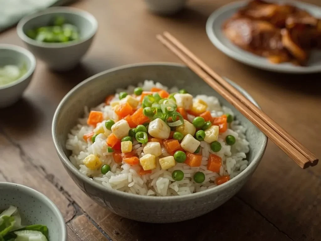 Egg white breakfast fried rice with peas, carrots and green onions