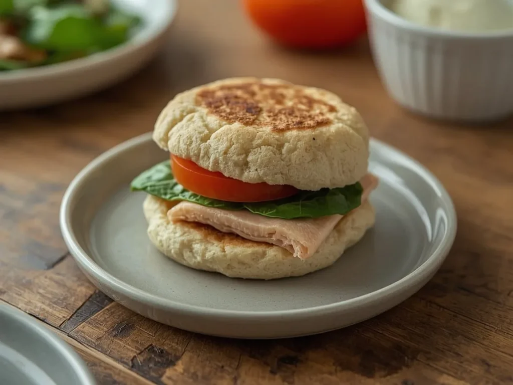 Egg white and turkey English muffin sandwich with spinach and tomato