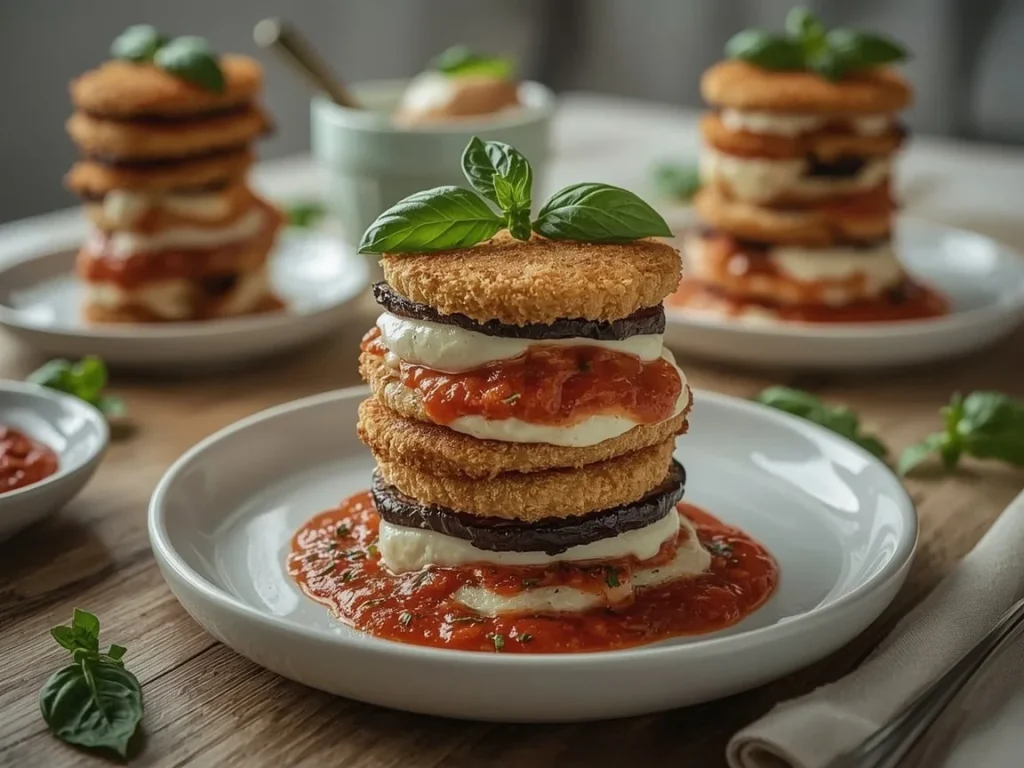 Eggplant Parmesan stacks layered with ricotta, marinara and melted mozzarella