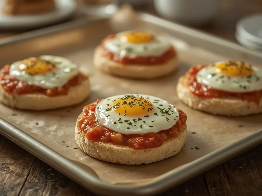 English muffin breakfast pizzas with scrambled egg and melted mozzarella