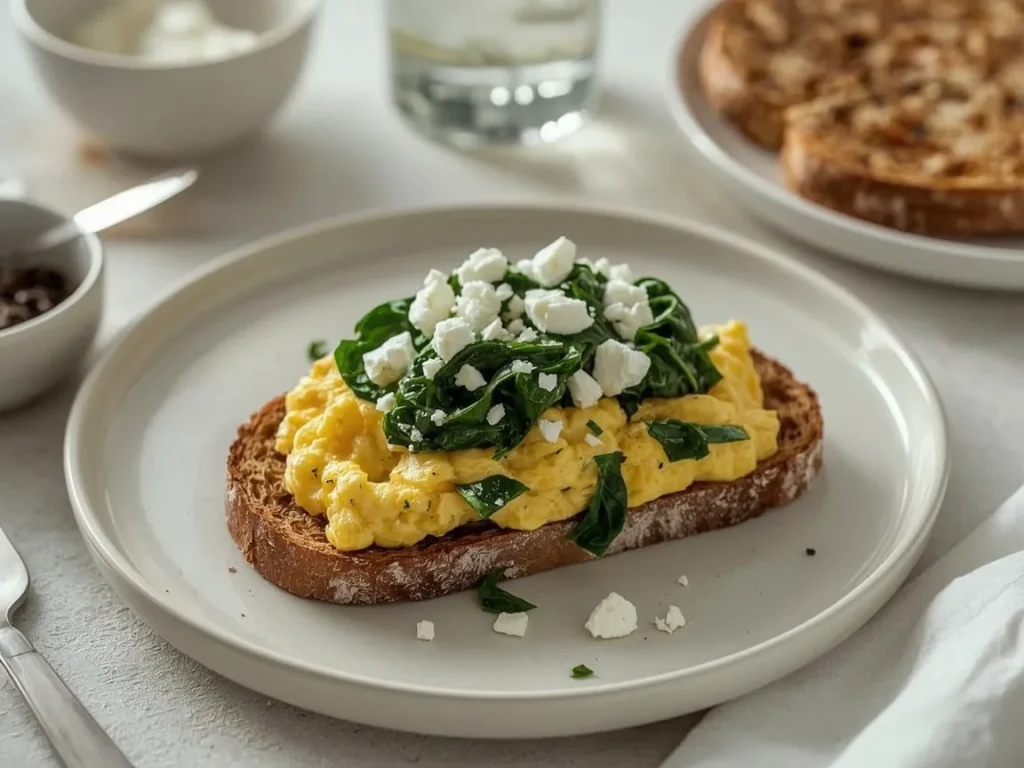 Feta and spinach scrambled eggs on whole-grain toast